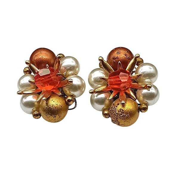Vintage Autumn Cluster Clip-On Earrings Gold & Faux Pearl Beads with Faceted Ora - Picture 2 of 4